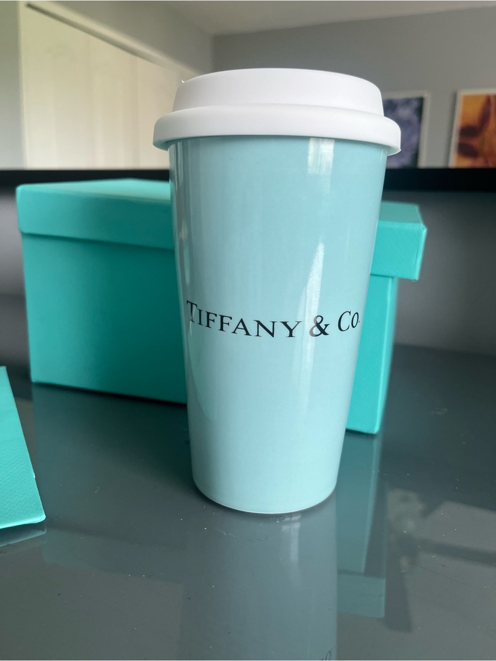 Tiffany & Co. Blue Ceramic Travel Cup with White Lid